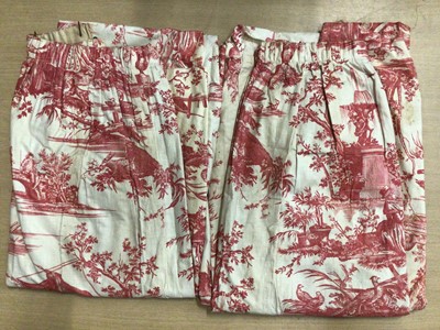 Lot 2081 - Pair of vintage pink and cream toile fabric curtains