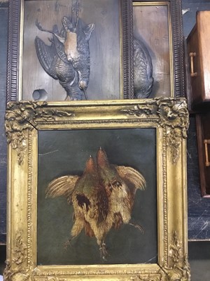 Lot 174 - 19th century oil over print of dead game in gilt frame, inscribed in pencil ' Bentley Hall, Coal Aston' together with a pair of embossed card three dimensional prints of dead game