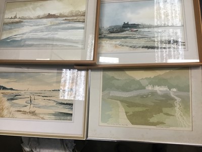 Lot 176 - Bernard Green signed impressit colour print - 'Summer morning Lower Solva, Pembrokeshire, 40/80, 1986', together with three watercolours by Russell Thomas of local views to include Manningtree and...