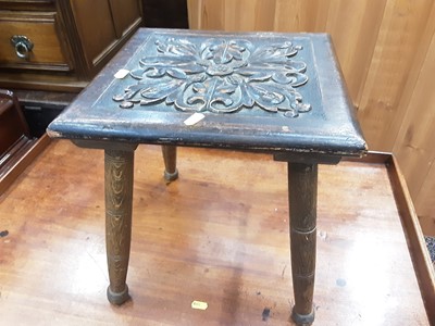 Lot 1043 - Carved oak stool, mahogany wine table, inlaid mahogany torchere and an oak occasional table (4)