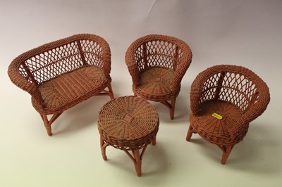 Lot 1883 - Lloyd Loom dolls house furniture, comprising 3 piece suite and occasional table
