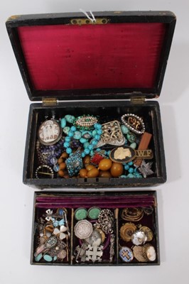 Lot 136 - Victorian leather jewellery box containing antique and vintage costume jewellery