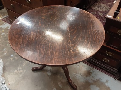 Lot 1066 - George III oak tripod table with circular tilt top on turned column and three hipped splayed legs, 80cm diameter, 73cm high