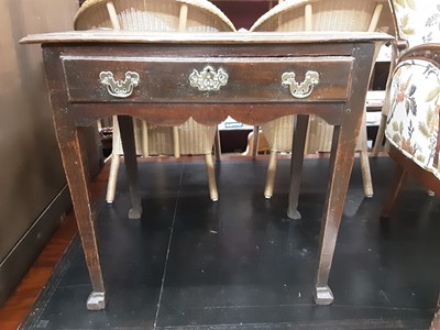 Lot 1067 - George III oak side table with single drawer and shaped apron on square taper legs, 75.5cm wide, 49cm deep, 70cm high