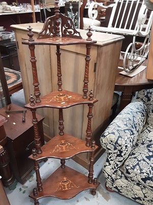 Lot 929 - Late Victorian inlaid walnut four tier corner whatnot with turned supports, 146.5cm high
