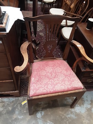 Lot 915 - George III provincial fruitwood elbow chair with pierced splat back, drop in seat on square front legs