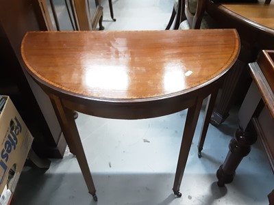 Lot 1080 - Good quality Edwardian inlaid mahogany card table with fold over top on square taper legs and castors, 76cm wide, 75cm high
