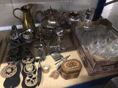 Lot 42 - Quantity of silver plate, brass, glassware and sundries, together with a Norwegian silver Christening fork and spoon