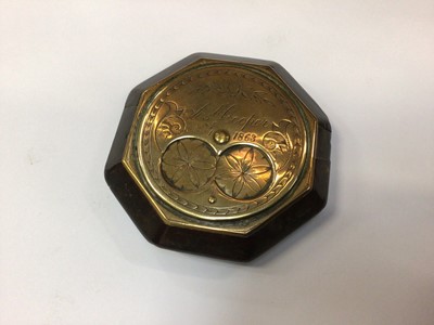 Lot 166 - Unusual Victorian snuff box, of hexagonal form wood, the brass front plate engraved Josh Cooper Nov 7th 1863 with rotating opening, the back brass plate engraved with a figure of a woman, 7.5cm acr...