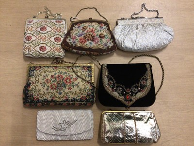Lot 2096 - Vintage evening bags including petit point, tapestry, micro- beading, bullion work on black velvet, black suede bag with lucite handle by Henryala Pensee etc.