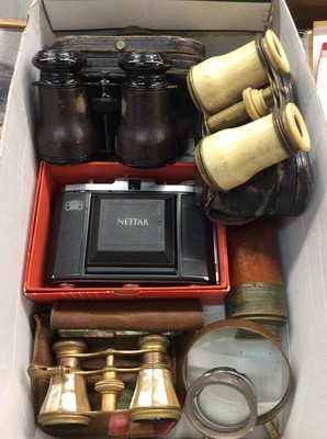 Lot 123 - Three pairs vintage opera glasses, Zeiss Ikon Nettar camera, telescope and some lenses