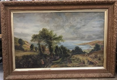 Lot 187 - Large Edwardian oil on canva in original gilt frame - hayfields with coastal bay beyond, signed M Proctor 1904, approximately 63cm x 101cm