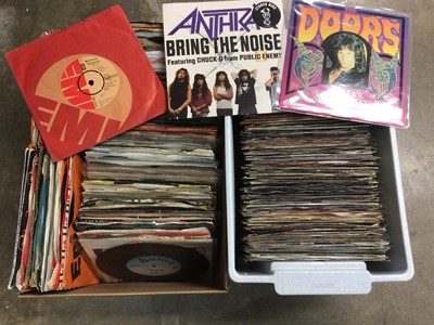 Lot 243 - Two boxes of mainly rock and folk single records (approx 270) including Beatles, Stones, Doors, Curved Air, Whitesnake and Crazy Elephant