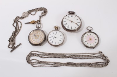 Lot 32 - Georgian silver cased pocket watch, three silver cased fob watches and two fob chains