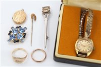 Lot 1630 - Gold (9ct) signet ring, gold (9ct) wedding...