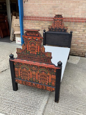 Lot 1194 - Scandinavian pine single bed with painted decoration dated 1910