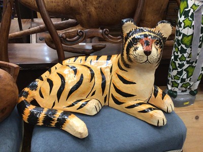 Lot 209 - Sundry decorative items, including two wooden covered bowls, a papier mache tiger, two large models of cats, two vases and a carved stone lamp (8)