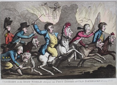 Lot 1029 - George Moutard Woodward (British 1760-1809), pair of hand coloured etchings and aquatints, Old Maids in the Next World. Old Batchelors in the Next World, published 1800, 1799 by William Holland, th...