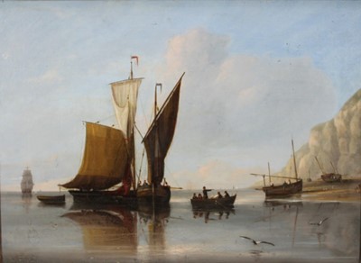 Lot 1239 - 19th Century English School, A coastal scene with fishing vessels in a calm sea, in 
original oak frame. 44 x 50cm.