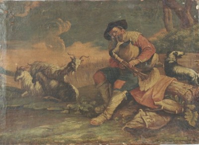 Lot 1238 - 18th Century Italian School, oil on canvas, Goats, a herdsman playing bagpipes and his dog in a  
landscape, unframed. 38 x 53cm.