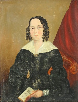 Lot 1232 - An early 19th century English School, oil on panel, of a seated lady with 
ringlets in her hair, in wooden frame. 23 x 18cm.