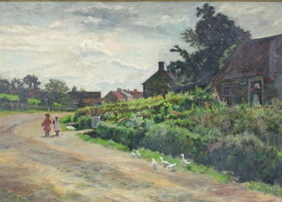 Lot 1235 - Emily M. Prowde, oil on canvas,  
A view in the village of Kilburn, Lancs, with a mother 
waving her children off to school, signed 
inscribed and dated 1895 verso, in gilt frame. 32 x 46cm.