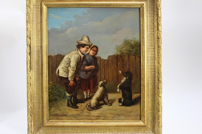 Lot 1221 - 19th Century English School, oil on panel,  
Two children teaching dogs to do tricks,  
indistinctly signed, in gilt frame. 32 x 27cm.