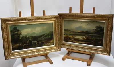 Lot 1233 - A pair of 19th Century English School, oil on board,  
A view across Loch Katrine and another view in Scotland, one inscribed verso, in gilt frames. 
Each 28 x 48cm. (2)