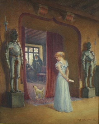 Lot 1240 - Joseph Yelverton Dawbarn (1856 - 1943), watercolours, 
A young lady with a letter clasped in her hands with 
her dog standing at a grand entrance