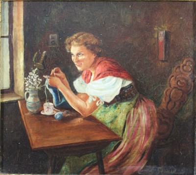 Lot 1237 - 19th century English School, oil on panel, 
An interior scene with a seated lady knitting and 
looking out of a window, indistinctly  
signed, in gilt frame. 23 x 25cm.