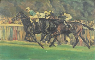 Lot 1222 - 20th Century French School, oil on panel, Detroit winning the Arc de Triomphe in 1980,  
in black frame. 28 x 44cm.