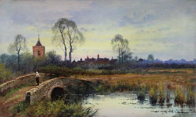 Lot 1236 - John H. Cole,  
oil on board,  A late 19th century view of Acle near Yarmouth, signed, in gilt frame.  35 x 58cm.