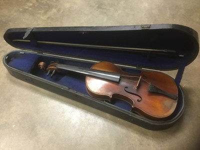 Lot 2203 - Antique violin with two-piece back, spurious Stradivarius label, in wooden case