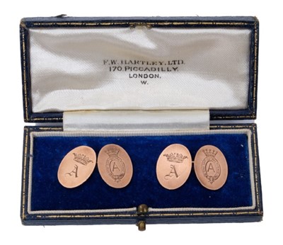 Lot 5 - Major-General The Honourable Earl of Athlone K.G. and H.R.H. Princess Alice - fine pair presentation 9ct gold cufflinks with engraved crowned A ciphers in original box with gilt embossed crowned A...