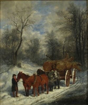 Lot 1211 - Manner of Thomas Smythe (1825-1907) oil on canvas - The Timber Wagon in snow covered woodland
