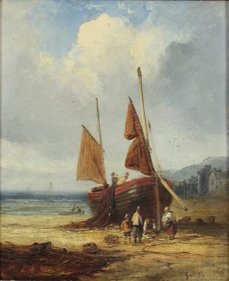 Lot 1210 - John Collier, 19th century, oil on board - fishing boat on the shore, signed