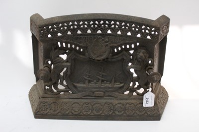 Lot 2432 - Cast iron fire grate front, c. 1887, decorated with a ship flanked by the Royal lion and unicorn, inscribed VICTORIA JUBILEE above with a portrait of the Queen, registration mark on the back, 47.5c...