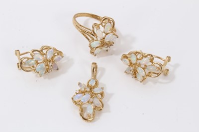 Lot 54 - 9ct gold opal and diamond cluster jewellery set to include a ring, pendant and pair of earrings