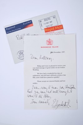 Lot 16 - H.M.Queen Elizabeth II - part typed and handwritten thank you letter dated 30th November 1997 to Mr William Holloway the Duke of Edinburgh's retired Page, thanking him for his message of good wish...