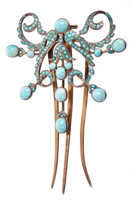 Lot 510 - 19th century Continental silver gilt and turquoise glass cabochon hair clip with stylized floral scrolls, approximately 10cm x 7cm.
