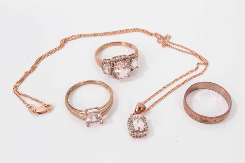 Lot 57 - 9ct rose gold gem set pendant on chain, together with a similar style ring and two other 9ct rose gold rings (4)