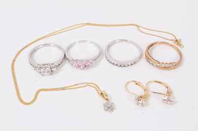 Lot 60 - Group of 14ct gold to include three white gold gem set dress rings, rose gold gem set dress ring, pair gem set earrings and necklace
