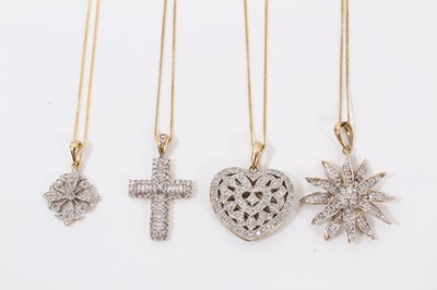 Lot 61 - Four 9ct gold diamond set pendants on 9ct gold chains
