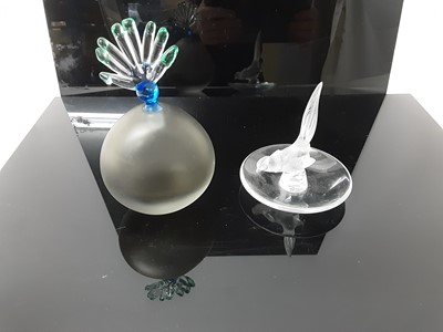 Lot 1198 - Lalique glass pin dish with bird decoration, signed 'Lalique France' to base, together with an art glass scent bottle, indistinctly signed to base