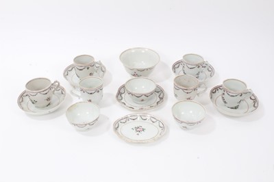 Lot 124 - Chinese famille rose tea wares, Qianlong period, including six cups, three tea bowls, four saucers, sugar bowl and two dishes, each decorated with floral sprays and swags (16)