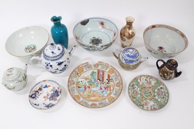 Lot 127 - Collection of antique Oriental ceramics and stands, including two Canton dishes, two 18th century Chinese teapotsa Chinese Imari dish, two 18th century Chinese bowls and one 19th century bowl