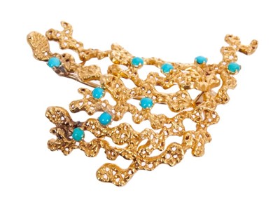 Lot 512 - 1960s Modernist 18ct gold brooch in the manner of Grima, the abstract design scattered with turquoise cabochons, Sponsor's mark R.H.B. Birmingham import marks 1967. Approximately 48mm.