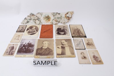 Lot 1560 - Box of loose photographs, carte de visites, social history postcards