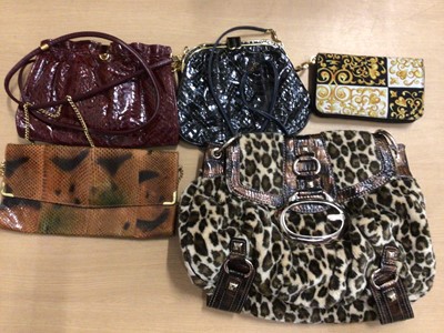 Lot 2116 - Vintage accessories including Versace Realizzato purse, two snake skin bags by Jane Shilton, other leather handbags and two pairs of Charles Jourdan stiletto shoes.