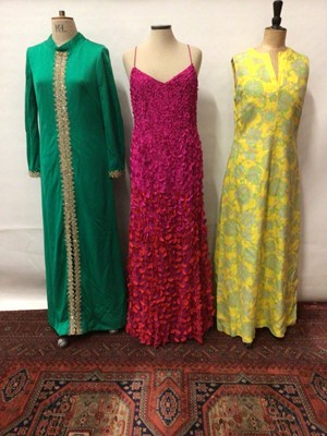 Lot 2117 - Vintage dresses - 1970's Richards printed linen hostess dress, California kaftan style green maxi, strapy pink long cocktail dress, white peasant maxi by Cornell, 1980's Gina Bracconi black evening...